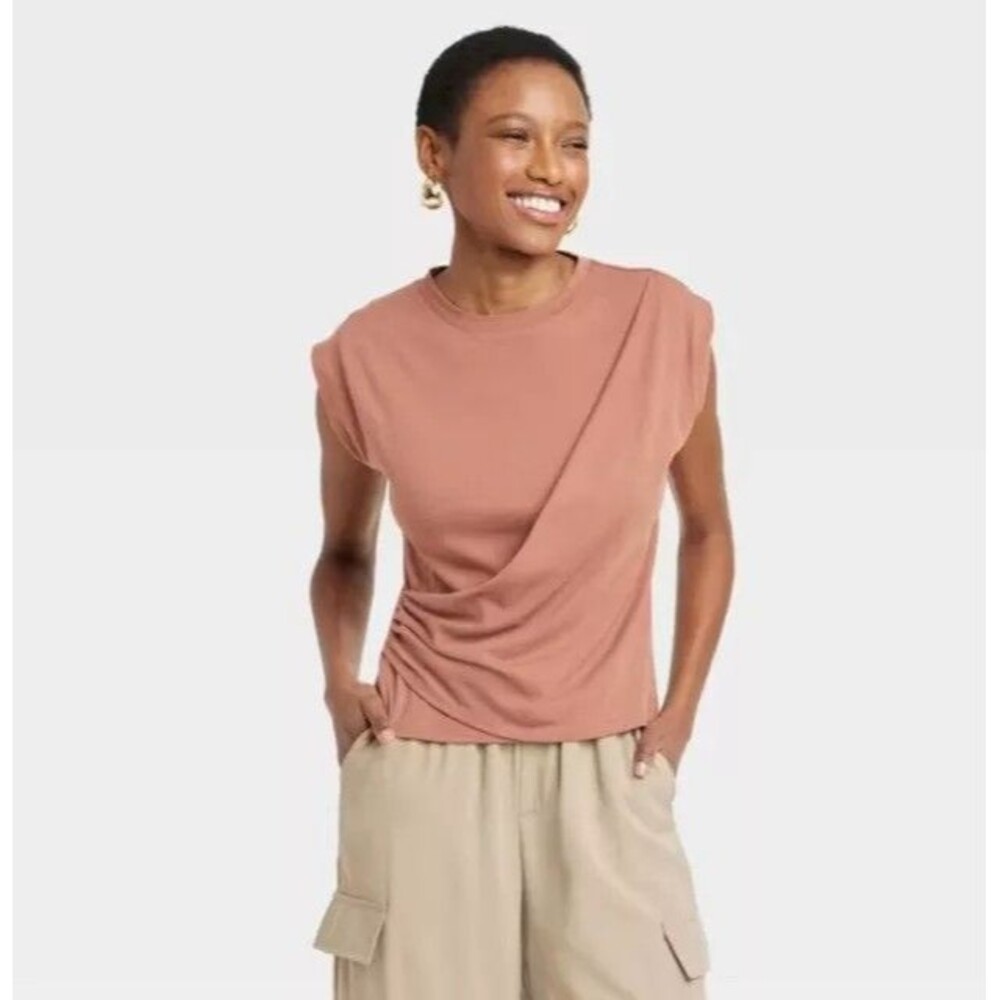 A New Day Women's Medium T-Shirt Brown Slim Fit Drape Wrap Top Short Sleeve, New